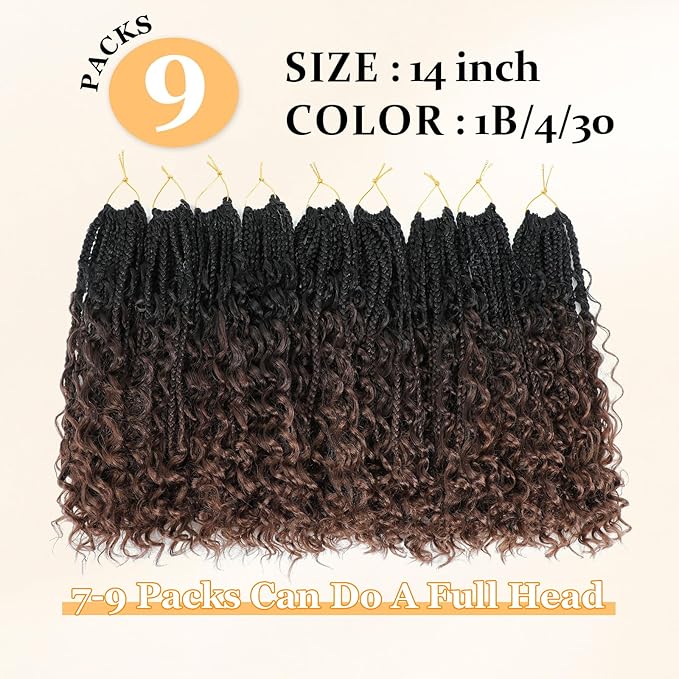 14 Inch Goddess Box Braids Crochet Hair Curly Ends 9 Packs Pre Looped Boho Crochet Box Braids Bohemian Box Braid Crochet Hair For Black Women (14Inch 9 Packs,1B/4/30)