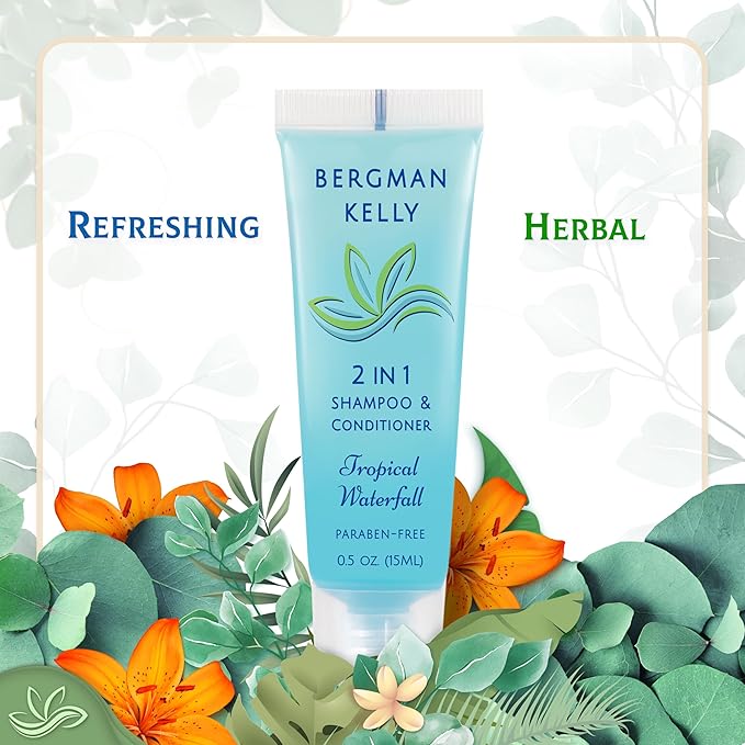 Bergman Kelly - Travel Size 2 in 1 Shampoo & Conditioner - 0.5 fl oz, 200 PK, Tropical Waterfall - Delight Your Guests w/Invigorating & Refreshing Shampoo Amenities - Small Hotel Toiletries in Bulk
