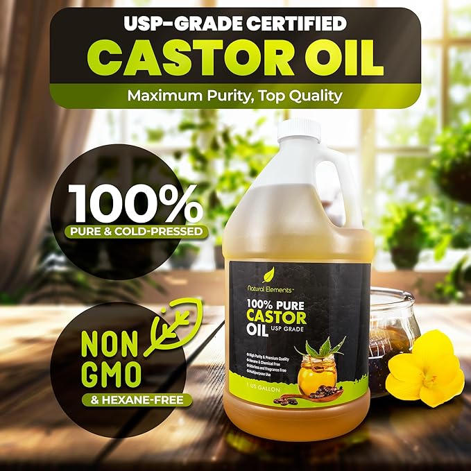 Natural Elements 100% Castor Oil USP Grade | Cold Pressed | Hexane Free | High Purity, Premium Quality