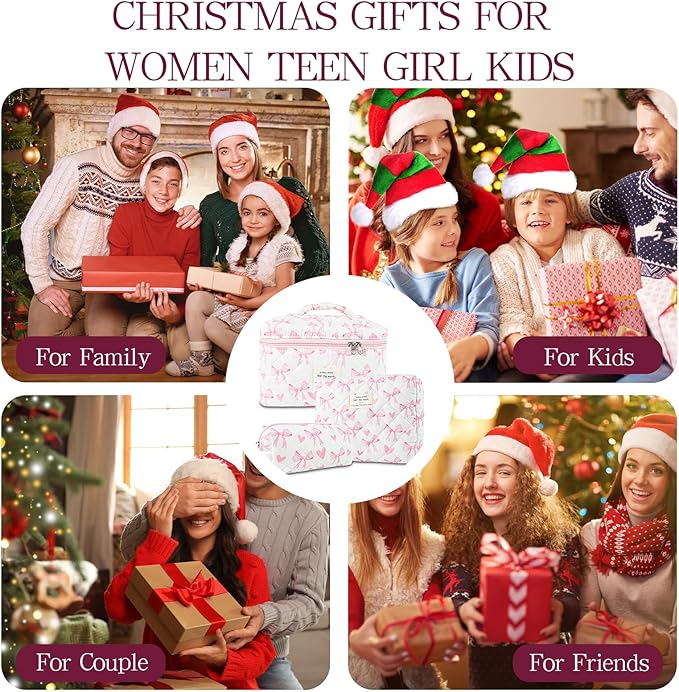 3Pcs Quilted Makeup Bag, Cute Floral Cotton Cosmetic Bag set, Coquette Bow Makeup Pouch Large Travel Toiletry Bag