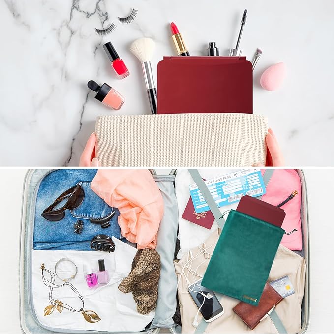 Mocado LED Travel Makeup Mirror, Rechargeable Vanity Mirror with Lights, Portable Mirror with Lights - 7x9 inches, 3 Colors Light, Foldable, Dimmable Touch Screen, Travel Essential (Wine Red)