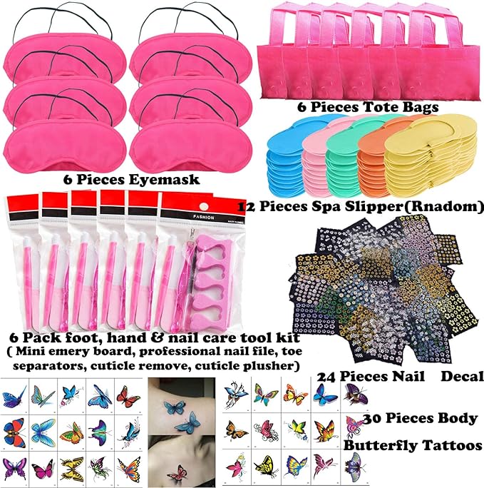 108PC Spa Party Favors Supplies for Girls, Multiple Spa Birthday Prize Item- Spa Pedicure Slipper Tote Bag Mini Emery Board Toe Separator Body Flower Mixed Nail Decal Set, Perfect Gift for Spa Day