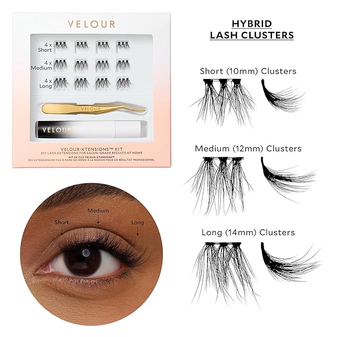 Velour-Xtensions™ Lash Clusters Kit, DIY Lash Extension Set at Home, Salon Quality Lashes in 10 Minute, Includes 12 Eyelash Clusters (10mm-14mm) + Lash Bond + Lash Applicator, Individual Lashes Kit