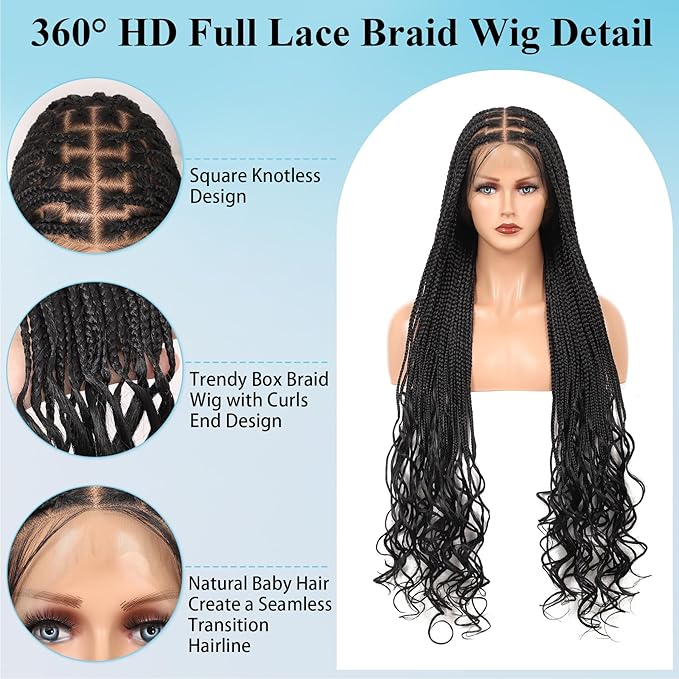 360° HD Full Lace Knotless Braided Wigs for Women Box Braid Wig with Curly End Human Hair Blended Braided Lace Front Wigs with Baby Hair 36 Inch Black