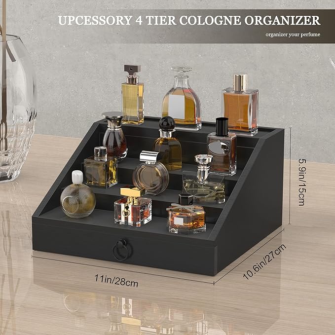 Wooden Cologne Organizer for Men Enhanced 4 Tier Cologne Stand Shelf Perfume Organizer with Velvet Lined Drawer & Hidden Storage Perfume Display Holder for Dresser Nice Gift (Classy Black)