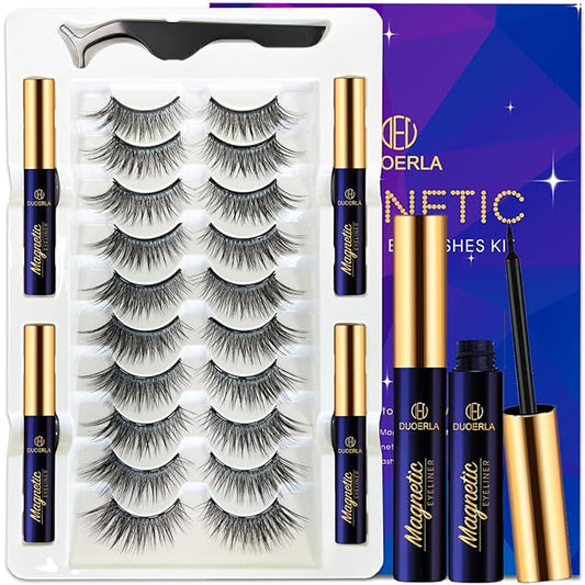 DUOERLA Magnetic Eyelashes Natural Look,Wispy Cat Eye Magnetic Lashes with Eyeliner Kit,Upgraded Long Lasting,Reusable,Easy to apply,Black,with Applicator,Vegan & Cruelty Free 10 Pairs,