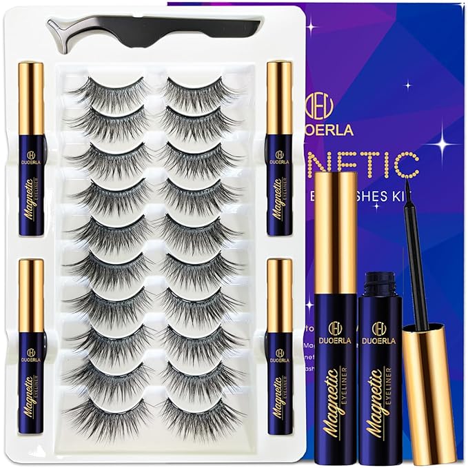 DUOERLA Magnetic Eyelashes Natural Look,Wispy Cat Eye Magnetic Lashes with Eyeliner Kit,Upgraded Long Lasting,Reusable,Easy to apply,Black,with Applicator,Vegan & Cruelty Free 10 Pairs,