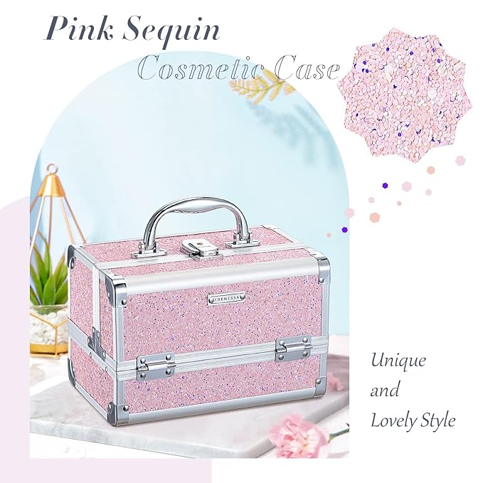 FRENESSA Makeup Case Organizer Portable Makeup Train Case Cosmetic Box with Mirror Jewerly Tray for Artist Nail Supplies Make Up Cases Organizers and Storage Vanity Cases Pink