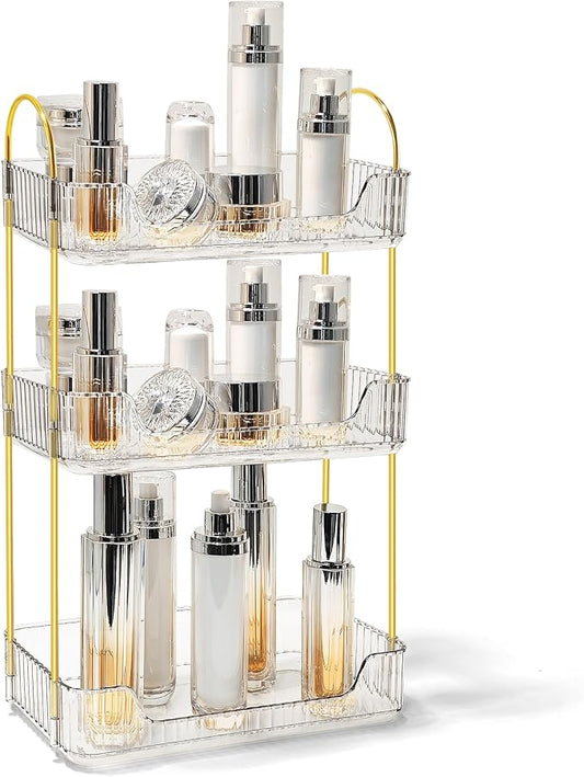 Bathroom Counter Organizer Countertop Storage Skincare Countertop Makeup Organizer Cosmetics Skincare Organizers Holder for Perfume-Clear-Golden Pole-3 Tier