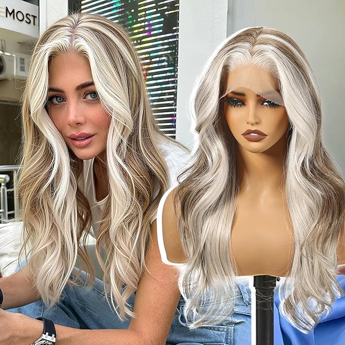 Ash Blonde Synthetic Lace Front Wig,13X6 Long Straight Layered Glueless Wigs for Women Daily Use 22IN（F40/64）