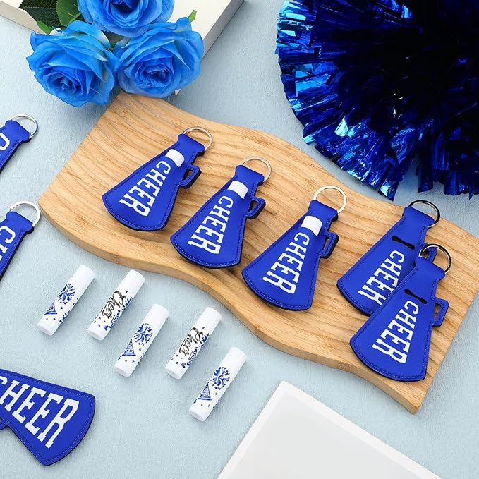 18 Sets Blue Red Cheer Favors Natural Bulk Lip Balm and Moisturizing Lipstick Holder Keychains Set Cheerleader Cheerleading Gift for Team Teen Sports Party Supplies(Blue)