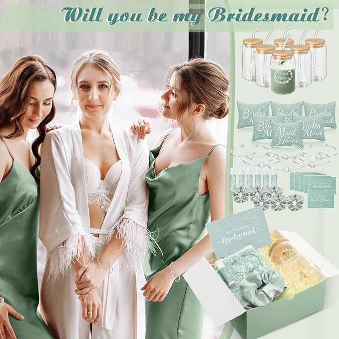 54 Pcs Bridesmaid Proposal Gifts Bridesmaid Box Set Include Bridal Shower Gift Box Makeup Bag Invited Card Glass Cup Lip Balm Scrunchie Hair Knotted Bracelet for Maid of Honor(Green)