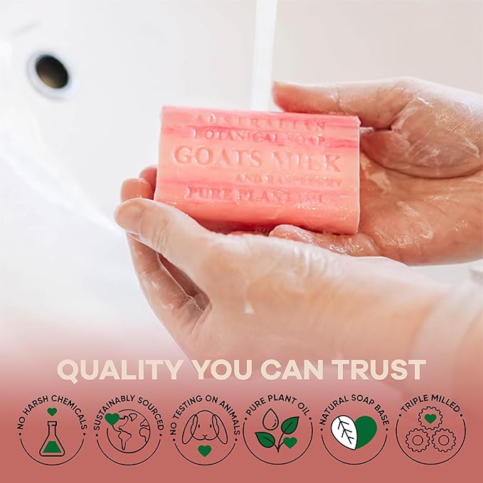 Australian Botanical Goat Milk Soap Bars, 6.8 OZ French Triple Milled Soap for All Skin Types - Lemongrass, Melon, Raspberry, and Shea Butter, Pack of 8