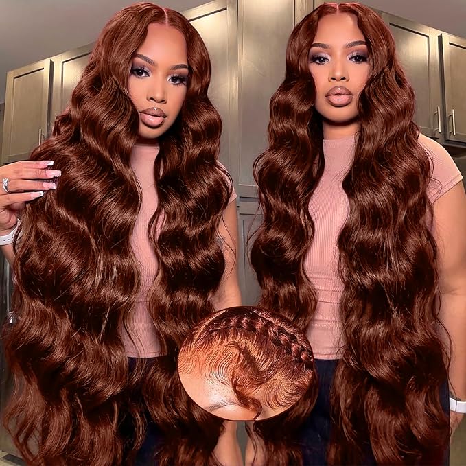 36 Inch Reddish Brown Lace Front Wigs Human Hair Long 13x6 Body Wave Lace Front Wig Human Hair Pre Plucked 180% Density Auburn Hd Full Lace Frontal Wig Wear and Go Glueless Brown Wig for Women