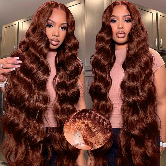 36 Inch Reddish Brown Lace Front Wigs Human Hair Long 13x6 Body Wave Lace Front Wig Human Hair Pre Plucked 180% Density Auburn Hd Full Lace Frontal Wig Wear and Go Glueless Brown Wig for Women