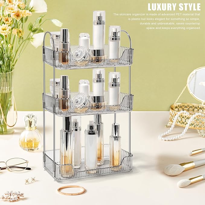 Bathroom Counter Organizer Countertop Storage Skincare Countertop Makeup Organizer Cosmetics Skincare Organizers Holder for Perfume-Grey-Silver Pole-3 Tier