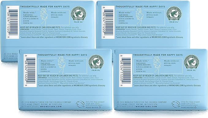 MRS. MEYER'S CLEAN DAY Bar Soap, Use as Body Wash or Hand Soap, Made with Essential Oils, Rain Water, 5.3 oz, 4 Bars