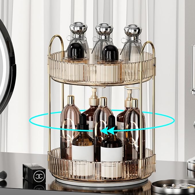 360° Rotating Makeup Organizer for Vanity - 2 Tier Perfume Organizer with Large Capacity - Skincare Organizer for Bathroom Counter - Space-Saving Cosmetic Storage for Dresser Countertop (Gold)