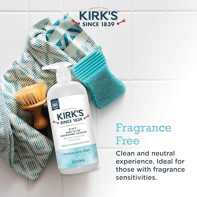 Kirk's 3-in-1 Head to Toe Nourishing Cleanser & Travel Size Bar Soap - for Men, Women & Children, Made with Premium Coconut Oil and Aloe Vera, Non-GMO & Vegan, Fragrance Free, 32 Fl Oz.