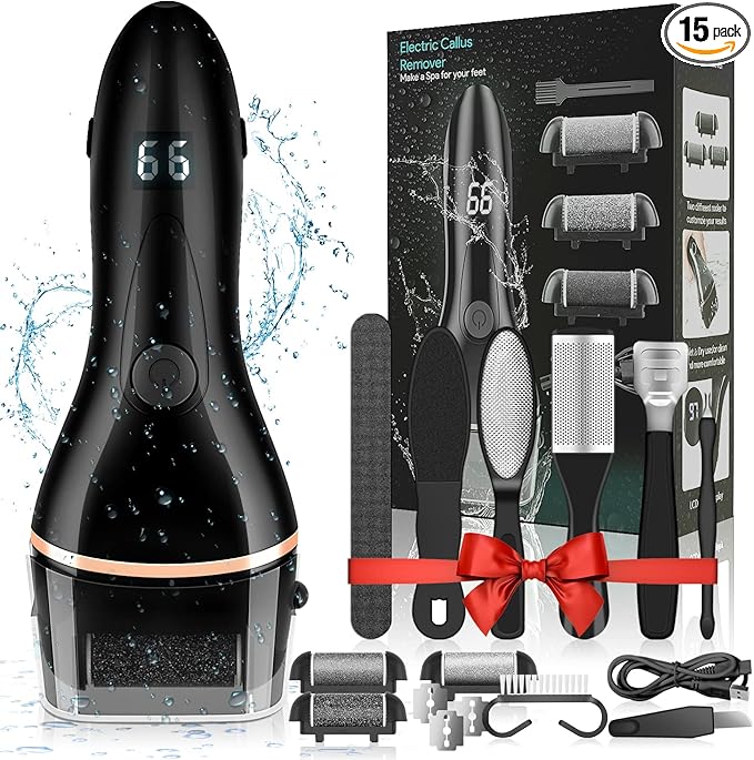 AdamPark Electric Foot File Callus Remover for Feet, Rechargeable Pedicure Kit Foot Care with 3 Speed, Callus Remover Kit with 3 Roller Heads, Battery LCD Display for Remove Cracked Heels Calluses
