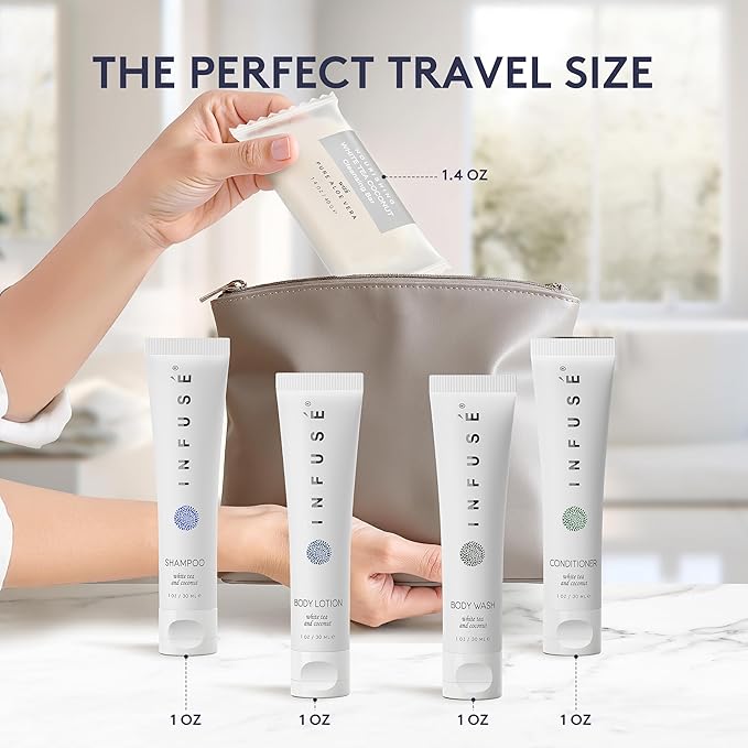 Infuse Pure White Tea and Coconut All-In-Kit Hotel Soaps and Toiletries Bulk Set | 1oz Shampoo & Conditioner, Body Wash, Lotion & 1.25oz Bar Soap | Travel Size 75 Pieces.