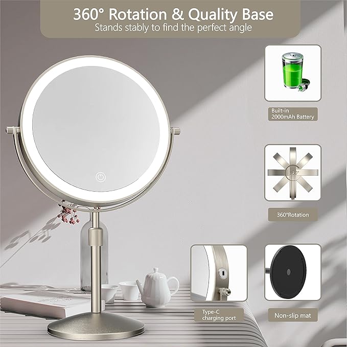 8" Lighted Makeup Mirror, 1X/10X Magnification Mirror with Light, Double Sided Dimmable Mirror, Rechargeable & Brightness & Height Adjustable, Cordless Vanity Mirror(Brushed Nickel)