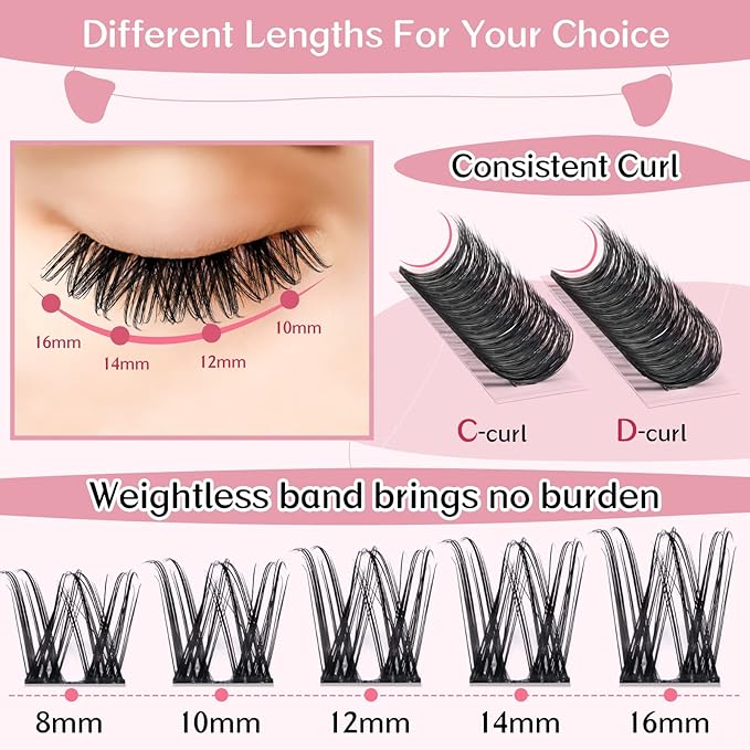 Cluster Lashes, 72 Pcs Individual Lashes, Lash Clusters DIY Eyelash Extension, Super Thin Band Reusable Soft & Comfortable (Infatuation-D-16mm)