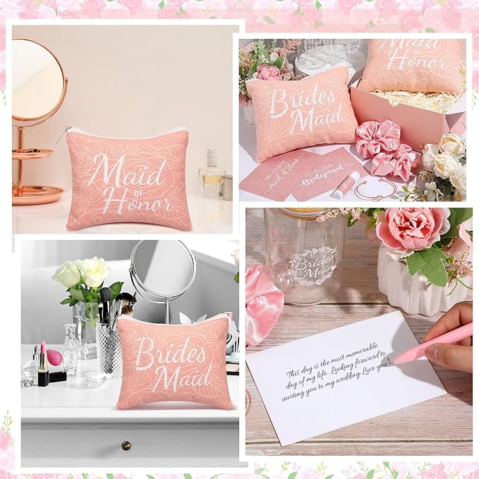 54 Pcs Bridesmaid Proposal Gifts Bridesmaid Box Set Include Bridal Shower Gift Box Makeup Bag Invited Card Glass Cup Lip Balm Scrunchie Hair Knotted Bracelet for Maid of Honor(Pink)