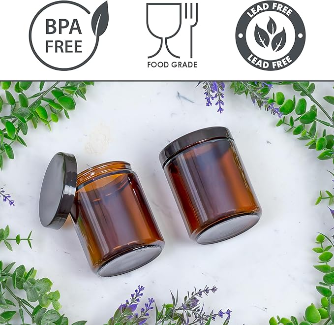 Cornucopia 8oz / 9oz Amber Glass Jars (6-Pack); Straight Sided Cosmetic Jars, Great for Body Butter, Creams, Stash Jars, Etc.