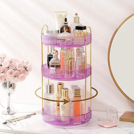 Aveniee Rotating Makeup Organizer for Vanity, Perfume Skincare Organizerss Large, Spinning Bathroom Counter Shelf Holder for Cosmetics, Skin Care, Lipsticks(3 Tiers, Purple)