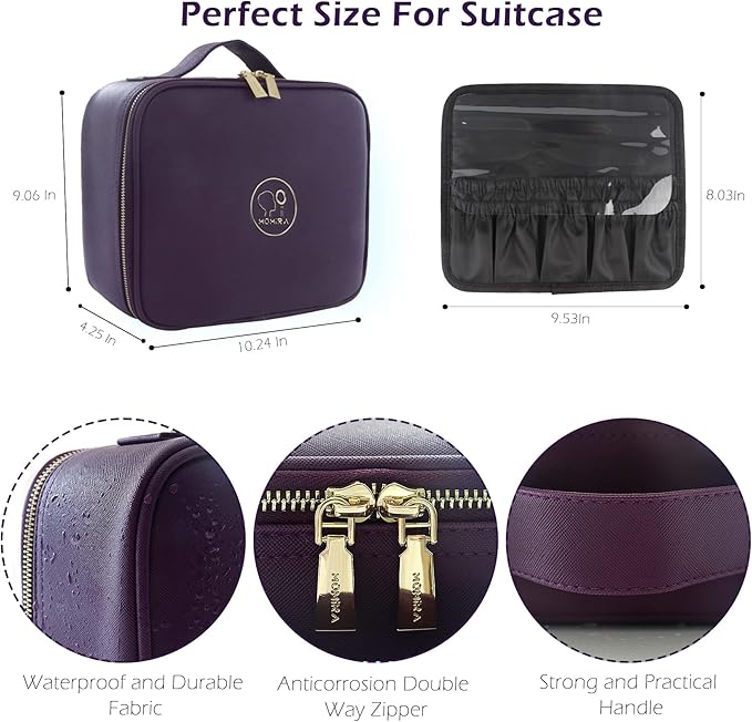 MOMIRA Travel Makeup Bag Cosmetic Bag Makeup Organizer Bag with Lighted Mirror, Adjustable Brightness in 3 Color Scenarios, Waterproof Makeup Train Case, Gift for Women - Deep Purple