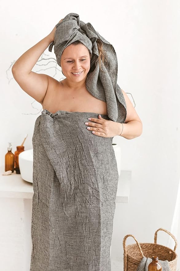 Pure 100% Linen Bath Towel - Quick Dry Towels for Travel Lightweight Waffle Towels for Bathroom 30 x 60-inch - Luxury Black-Natural Thin Hair Towel for Gym or Sauna - Sustainable Bath Sheet