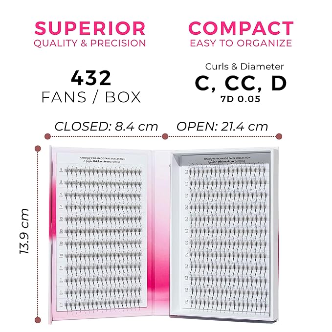 LLBA LashFolio Narrow Wispy Fans | Handmade Volume Eyelashes | Multi Selections From 5D To 10D | C CC D Curl | 0.03~0.07 mm | 8-13mm Length | Long Lasting | Easy Application (7D-0.05 C 8mm-13mm)
