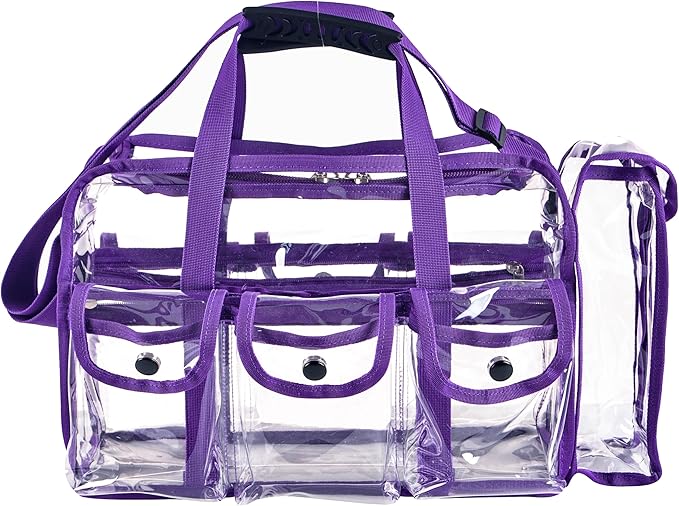 Wide Mouth Large Professional Clear PVC Travel Makeup Artist Set Bag Cosmetic Nails Beauty Bag Transparent Vinyl Tool Organizer Beach Bags Diaper Bags with 6 External Pockets & Strap (Purple)