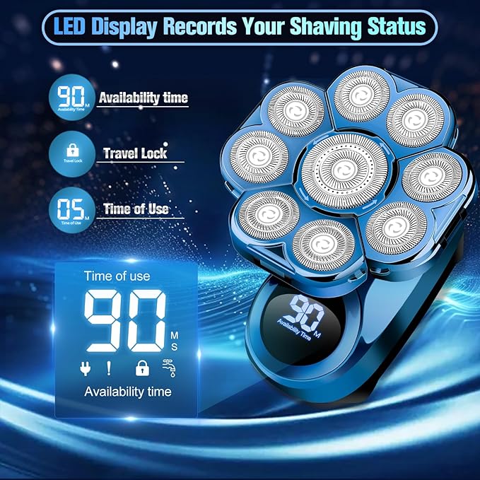 9D Head Shavers for Bald Men, Electric Shaver for Men,6 in 1 Mens Grooming Kit with Nose Hair Trimmer, Beard Trimmer,Waterproof Wet/Dry Rotary Shaver,Gift for Father, Husband, Boyfriend（Blue）