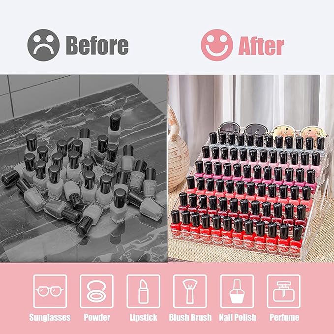 Nail Polish Organizer 36 Bottles of 3 Layers Sunglass Organizer Acrylic Display Rack Eyeglasses Storage Essential Oils Holder Makeup Organizer No Tool Needed Assembly, Clear