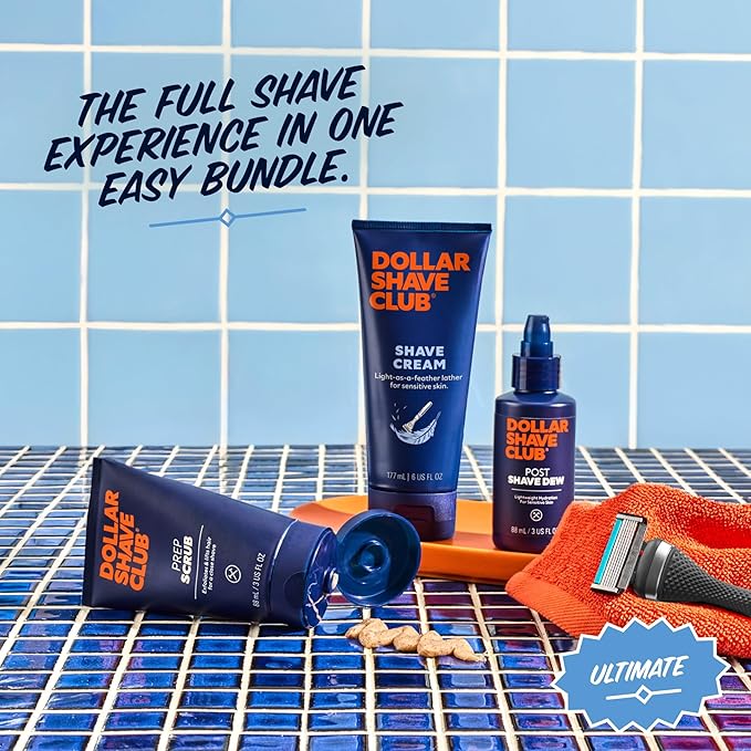 Dollar Shave Club | Ultimate Shave Set | 4 Extra Close Refill Cartridges, 1 Handle, 1 Prep Scrub 3 ounce, 1 Shave Cream 6 ounce, 1 Post Shave Dew 3.4 ounce