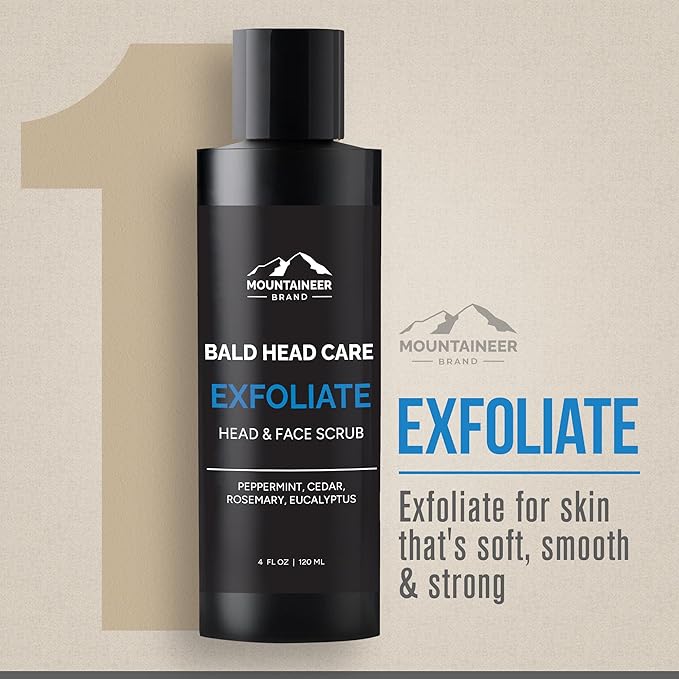 Mountaineer Brand Bald Head Care For Men | All Natural 4 Step Daily Skin Care for Healthy Scalp & Face | Exfoliate and Scrub | Cleanse Wash | Shine Away PH Balance | Protect Moisturizing Balm | 4oz
