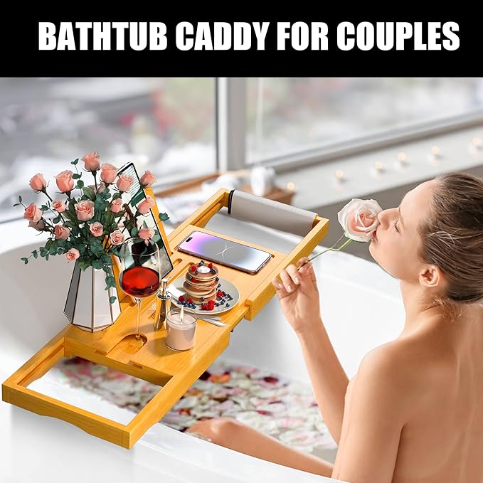 Premium Bathtub Caddy Tray,Expandable Bamboo Bath Tray for Tub,Foldable Minimalist Bathroom Accessories with Book Stand for Home Spa Relaxing,Unique House Warming Gifts,Natural