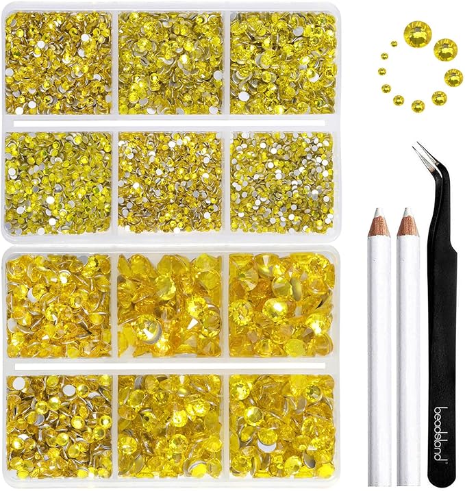 Beadsland 8300PCS Flatback Rhinestones, Yellow Rhinestone Nail Gems Round Crystal Rhinestones for Crafts, Mixed 10 Sizes with Wax Pencil and Tweezer Kit, SS3-SS30, Citrine/Lemon Yellow