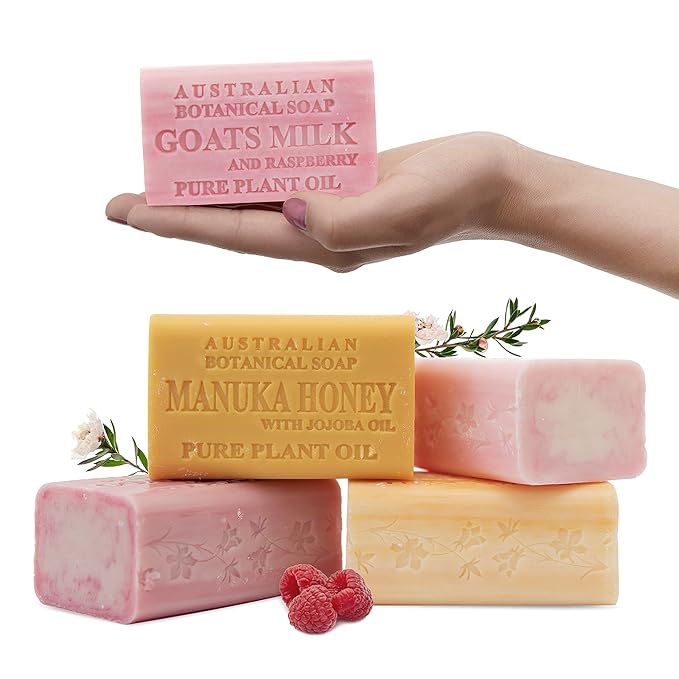 Australian Botanical Goats Milk Soap, Raspberry, Manuka Honey, Pink Lychee and Valencia Orange 6.6 OZ, Luxury Soap Bars Enriched with Shea Butter, Suitable for all Skin Types, Pack of 4