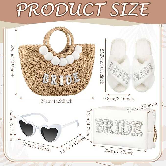 4 Pcs Bridal Shower Gift Set Include Handwoven Wedding Straw Purse Makeup Cosmetic Tote Bag Beach Bride Sunglasses Cross Band Women Slippers for Bridal Shower Bachelorette Party(Bride)