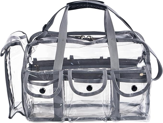 Wide Mouth Large Professional Clear PVC Travel Makeup Artist Set Bag Cosmetic Nails Beauty Bag Transparent Vinyl Tool Organizer Work Bag Beach Bag Diaper Bag with 6 External Pockets & Strap (Grey)