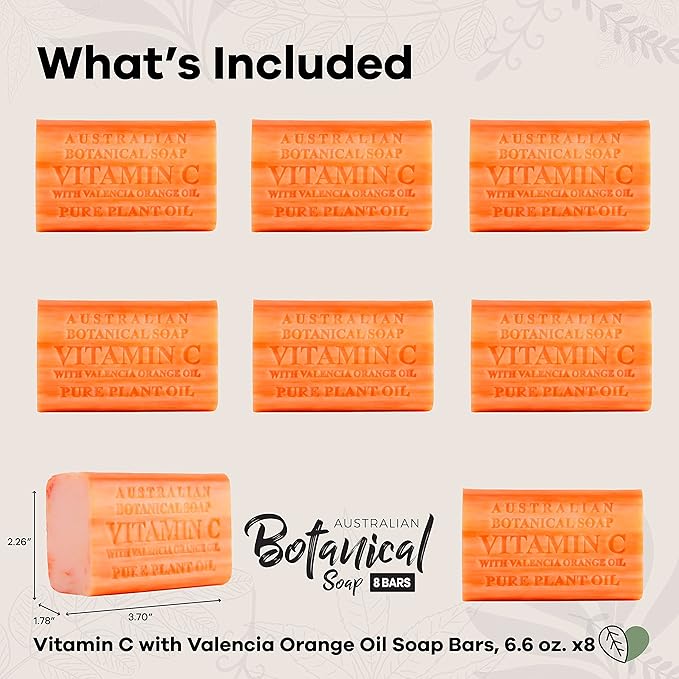 Australian Botanical Soap, 6.6 OZ, Vitamin C and Valencia Orange, Triple Milled Bars made with a Natural Soap Base and Enriched with Organic Shea Butter, Pack of 8