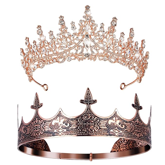 Sureio 2 Pcs Antique Royal King Crown for Men Baroque Queen Crown for 2025 Graduation Prom Party Crystal Tiara Prom Cosplay Birthday Wedding Hair Headband Accessories(Novel Style)