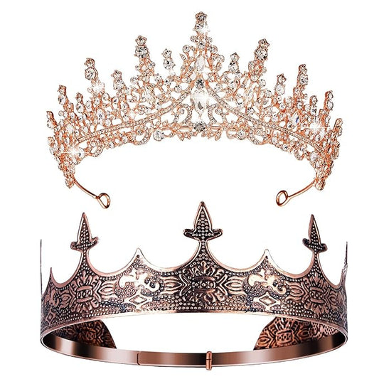 Sureio 2 Pcs Antique Royal King Crown for Men Baroque Queen Crown for 2025 Graduation Prom Party Crystal Tiara Prom Cosplay Birthday Wedding Hair Headband Accessories(Novel Style)
