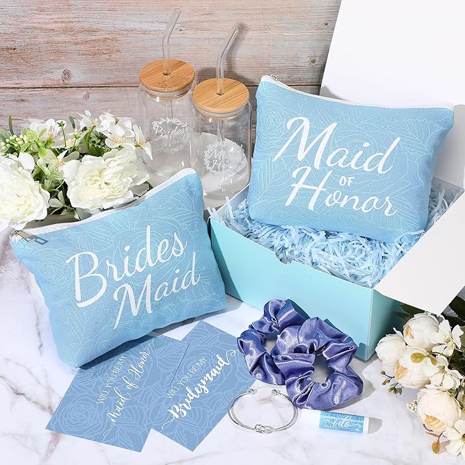 54 Pcs Bridesmaid Proposal Gifts Bridesmaid Box Set Include Bridal Shower Gift Box Makeup Bag Invited Card Glass Cup Lip Balm Scrunchie Hair Knotted Bracelet for Maid of Honor(Blue)