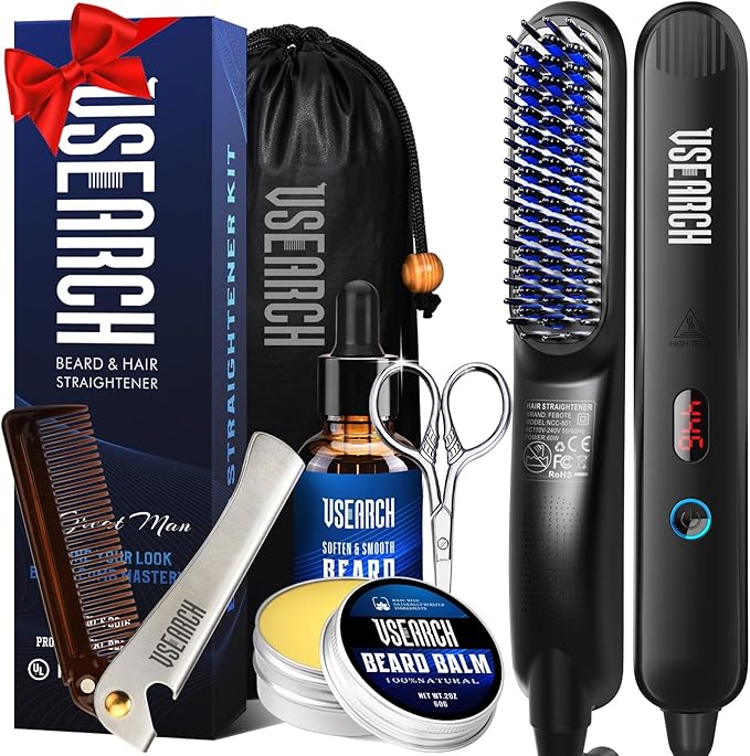 Beard Straightener for Men - 5 Temperature Setting, Anti-scalding, Heated Beard Styling Comb- The Perfect Beard Grooming Kit for Medium to Long Beards - Ideal Father's Day Gift