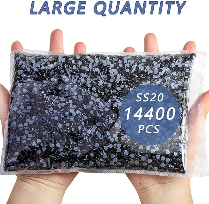 Beadsland Hotfix Rhinestones Bulk, 14400PCS Crystal Hot Fix Rhinestones for Crafts Clothes DIY Decoration, Black, SS20, 4.6-4.8mm
