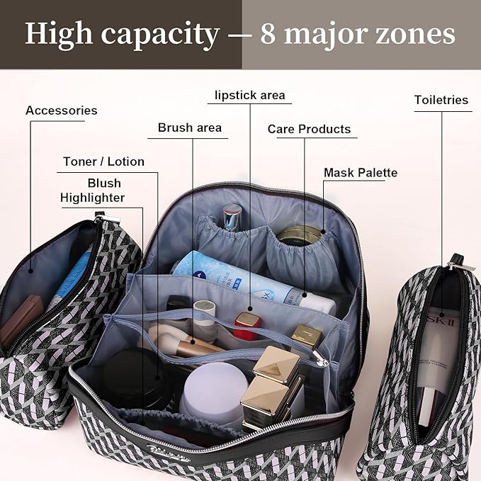 BOYATU Travel Makeup Bags for Women: Large Capacity Cosmetic Bag Set of 3 - Vegan Leather Make up Bags with Compartments - Wide Open Waterproof Toiletry Organizer Bag with Handle (E-04-Black)